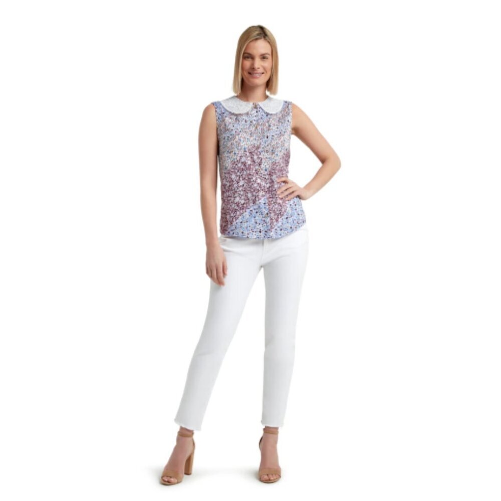 H by Halston Top Womens Medium Calico Floral Sleeveless Lace Peter Pan Collar